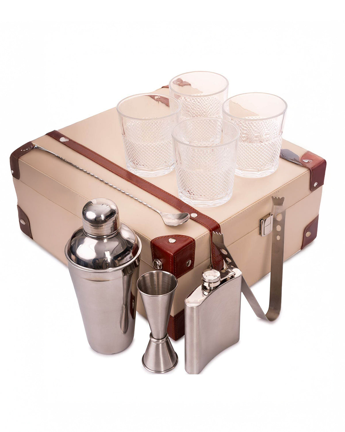 4 Glass Portable Bar Set, Beige & Brown