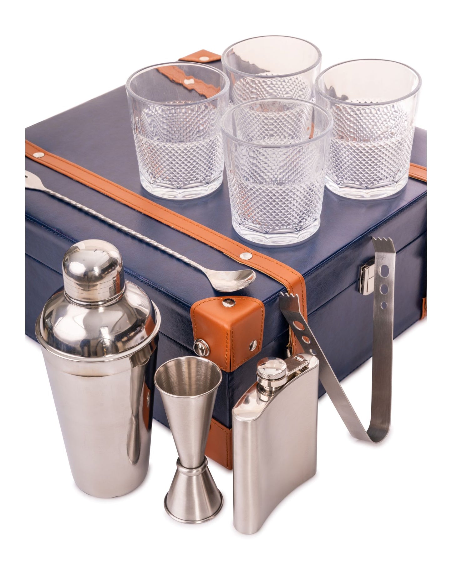 4 Glass Portable Bar Set, Blue & Tan