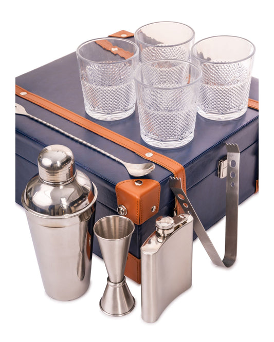 4 Glass Portable Bar Set, Blue & Tan