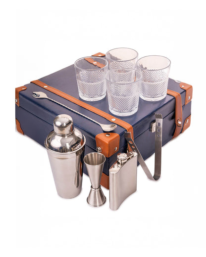 4 Glass Portable Bar Set, Blue & Tan