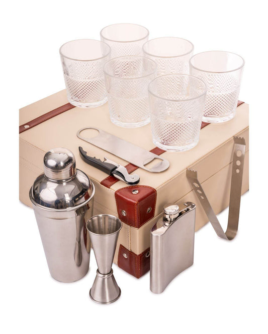 6 Glass Portable Bar Set, Beige & Brown