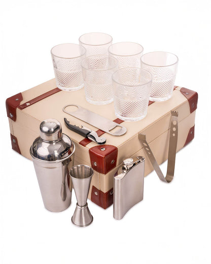 6 Glass Portable Bar Set, Beige & Brown