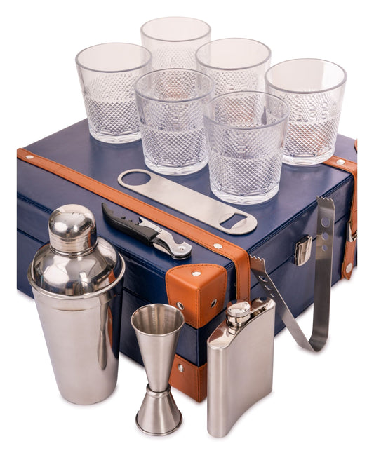 6 Glass Portable Bar Set, Blue & Tan