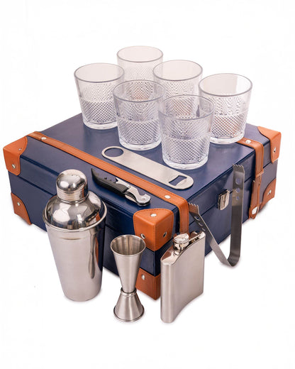 6 Glass Portable Bar Set, Blue & Tan