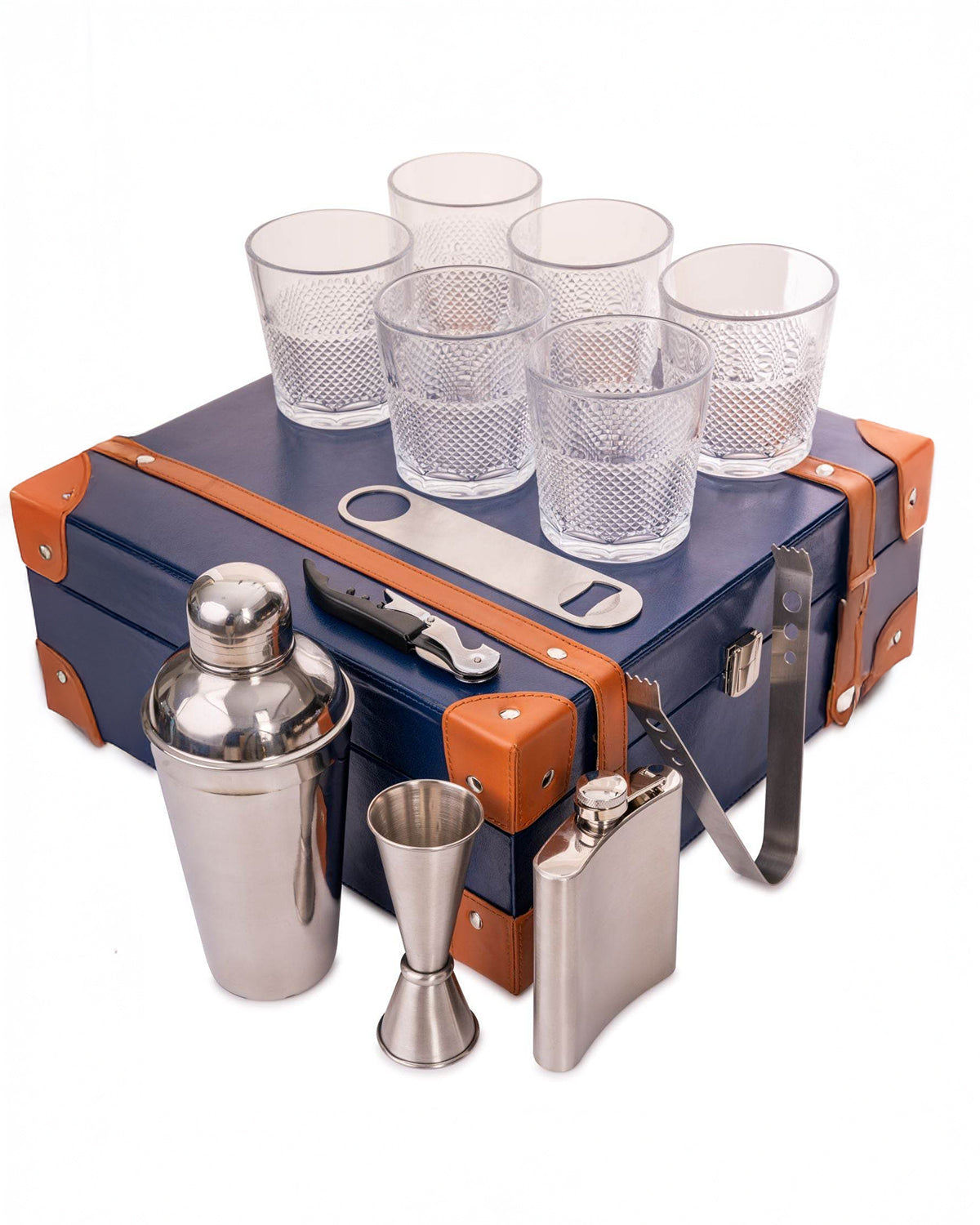 6 Glass Portable Bar Set, Blue & Tan