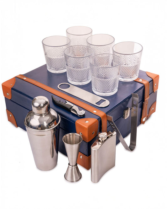 6 Glass Portable Bar Set, Blue & Tan