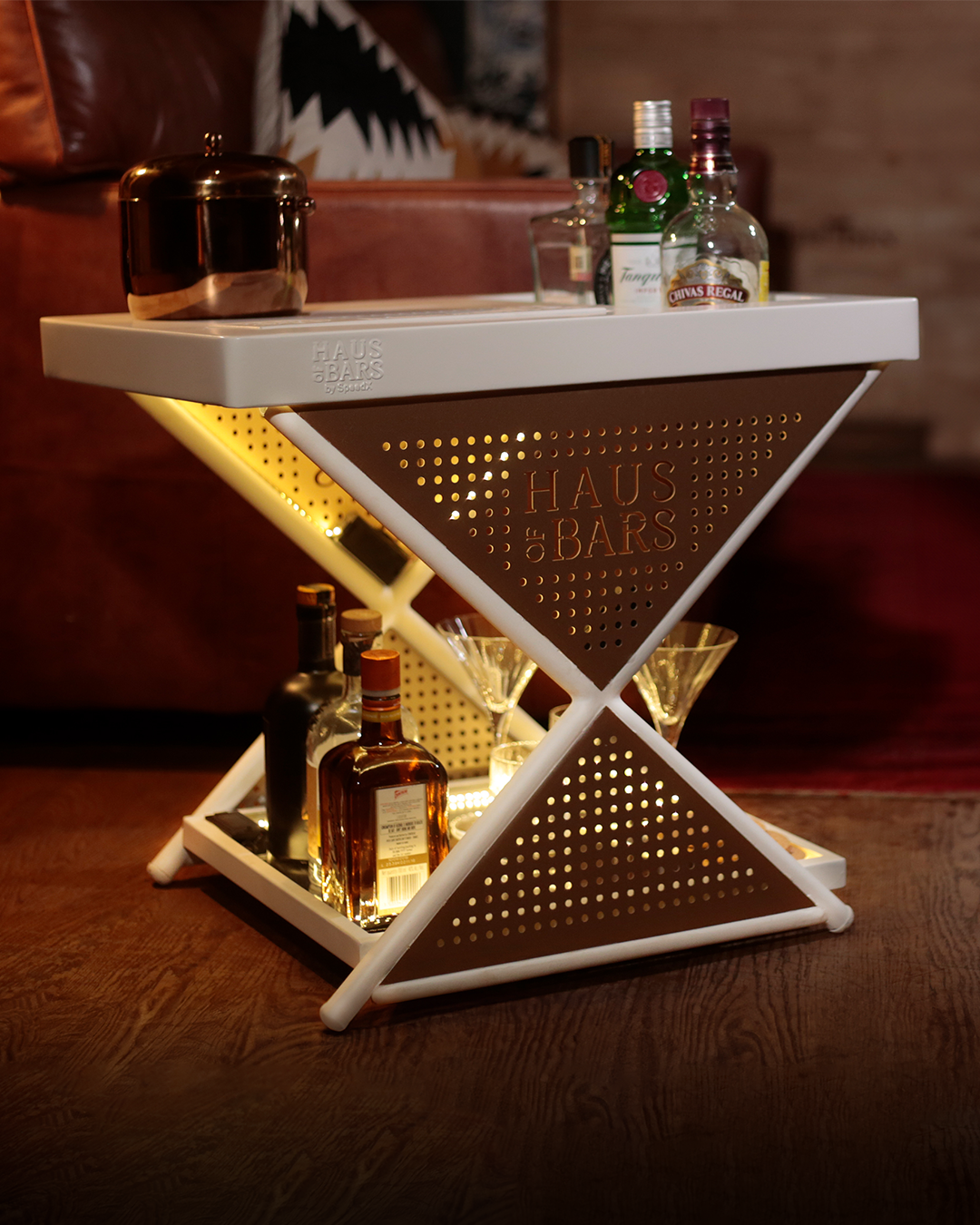 Model J Mini Home Bar Table, Matte White & Gold Lattice Finish