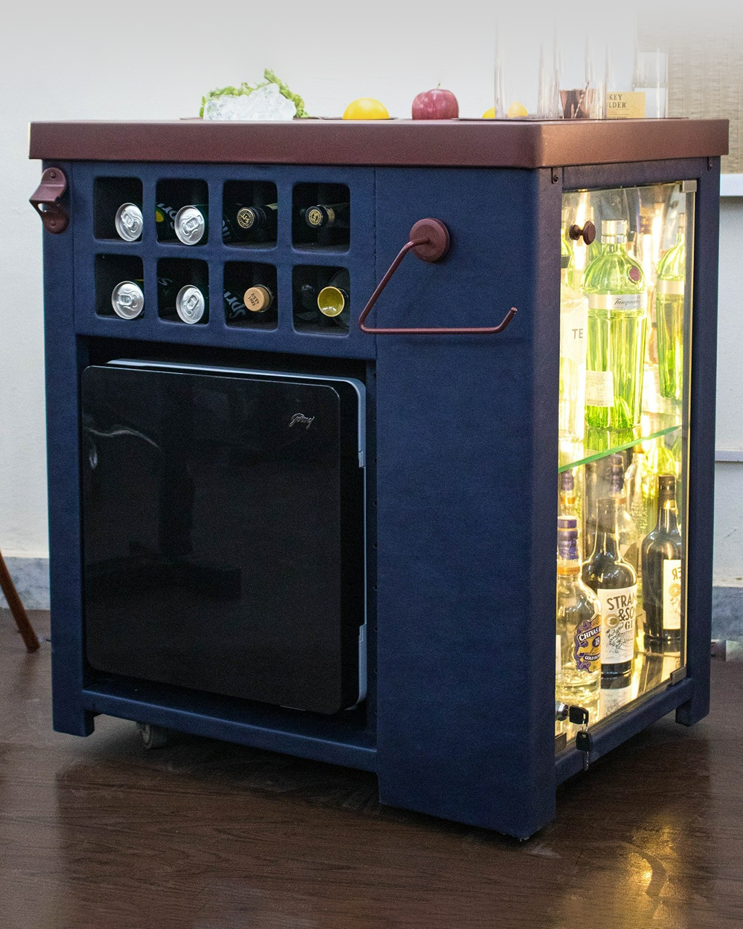 Model X Home Bar, Leather Blue Finish