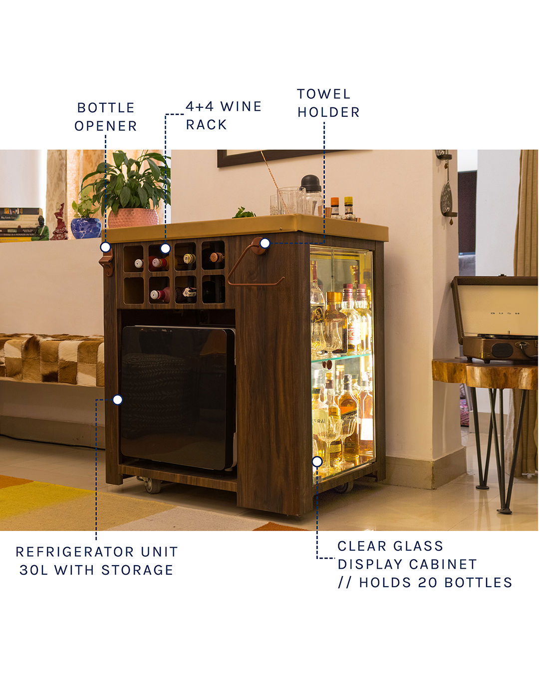 Model X Home Bar, Wooden Vinyl & Matt Gold Finish