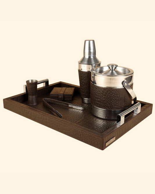 Cocktail Set with Tray, Brown and Silver