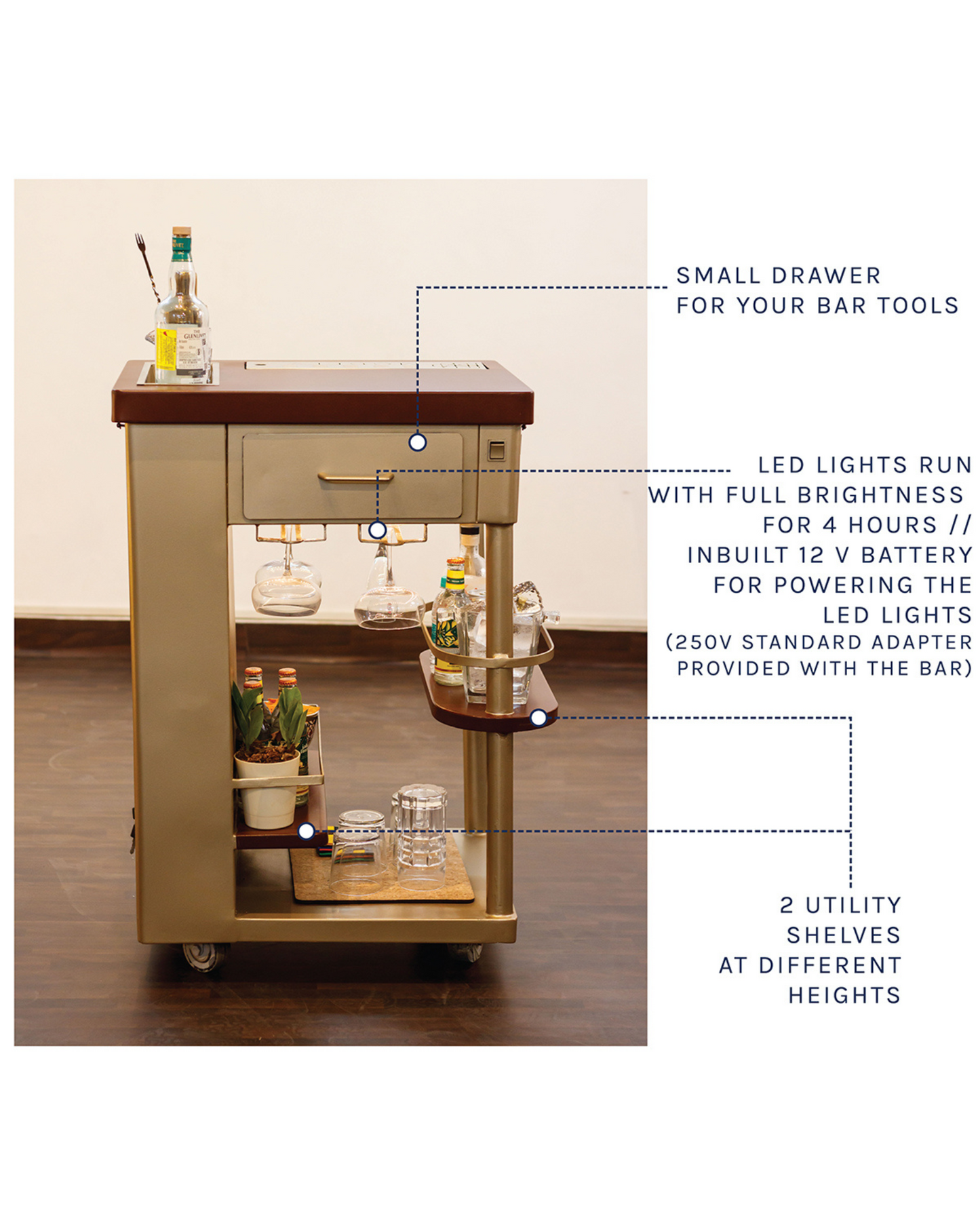 Model Y Bar Trolley, Gold Finish Metal Top