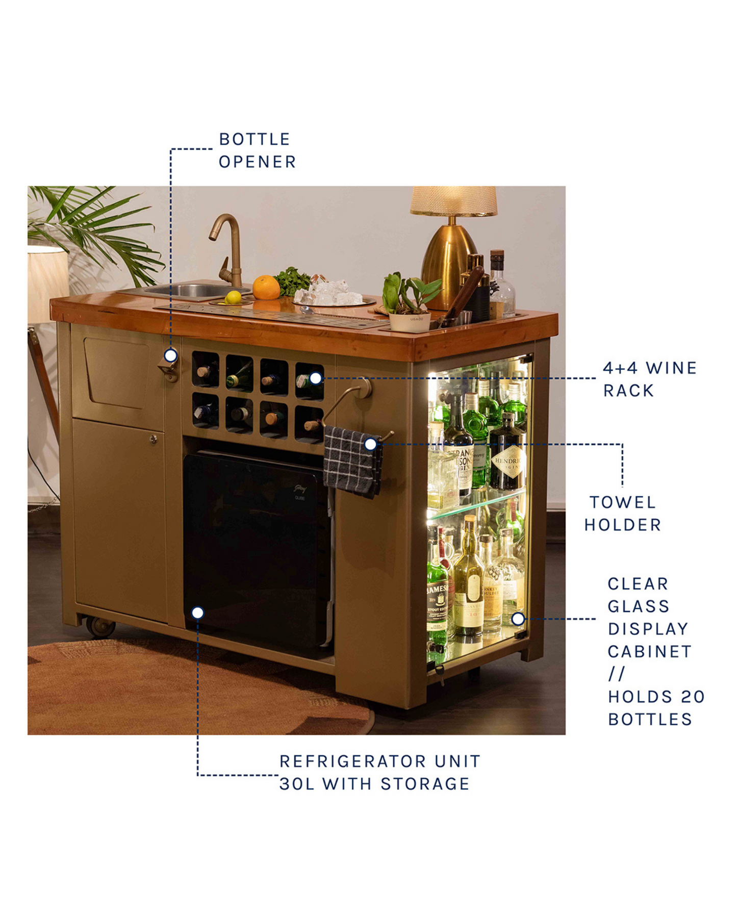 Model Z Home Bar, Wooden Top Gold Lattice