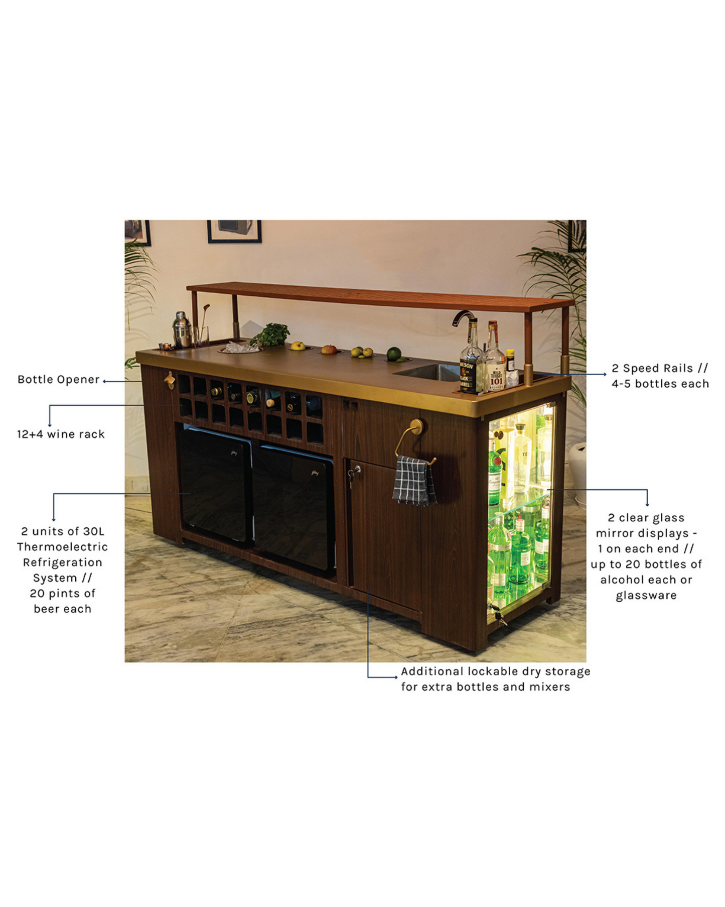 Double Model X Home Bar, Wooded Vinyl and Matt Gold Finish