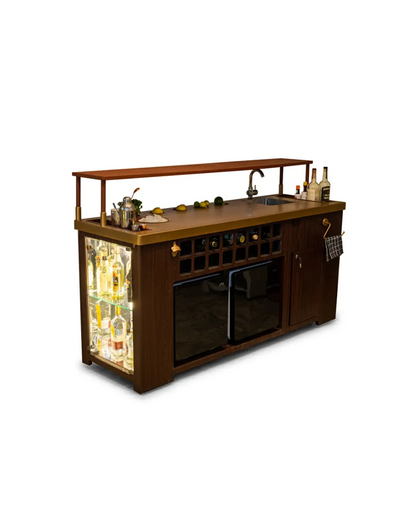 Double Model X Home Bar, Wooded Vinyl and Matt Gold Finish