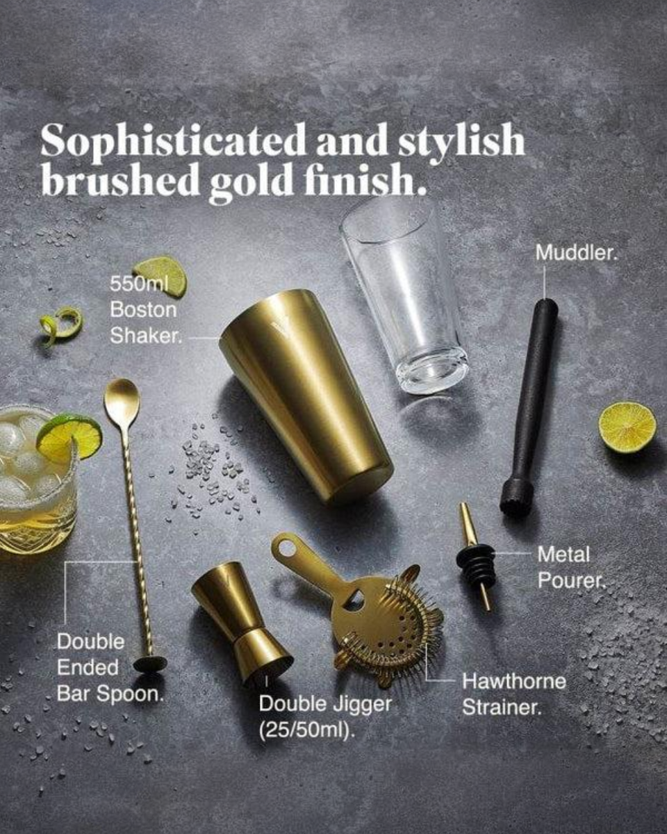 Boston Cocktail Shaker Set, Brushed Gold