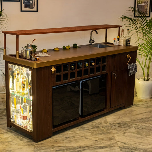 Double Model X Home Bar, Wooded Vinyl and Matt Gold Finish