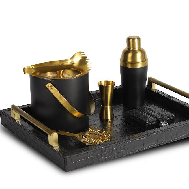 Cocktail Set with Tray, Black & Gold