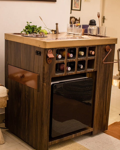 Model X Home Bar, Wooden Vinyl & Matt Gold Finish